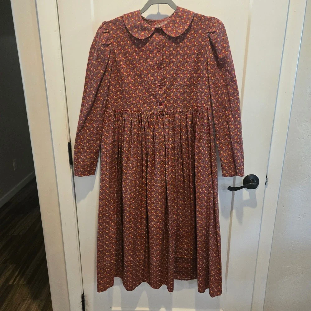 Girls Prairie Dress Pinafore Set 12 Floral Pioneer Handmade Burgundy Cream